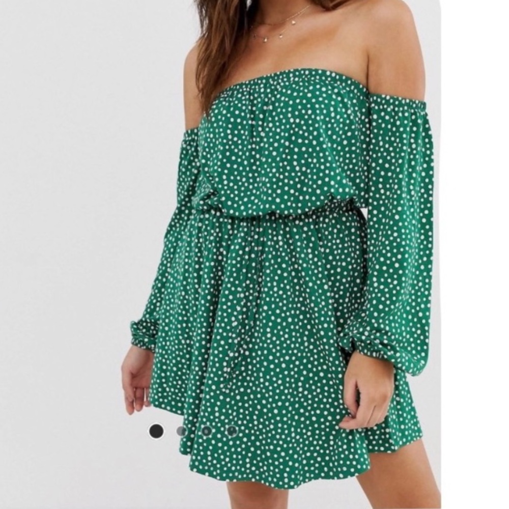 ASOS Off the Shoulder Polka Dot Dress - Green - US 2